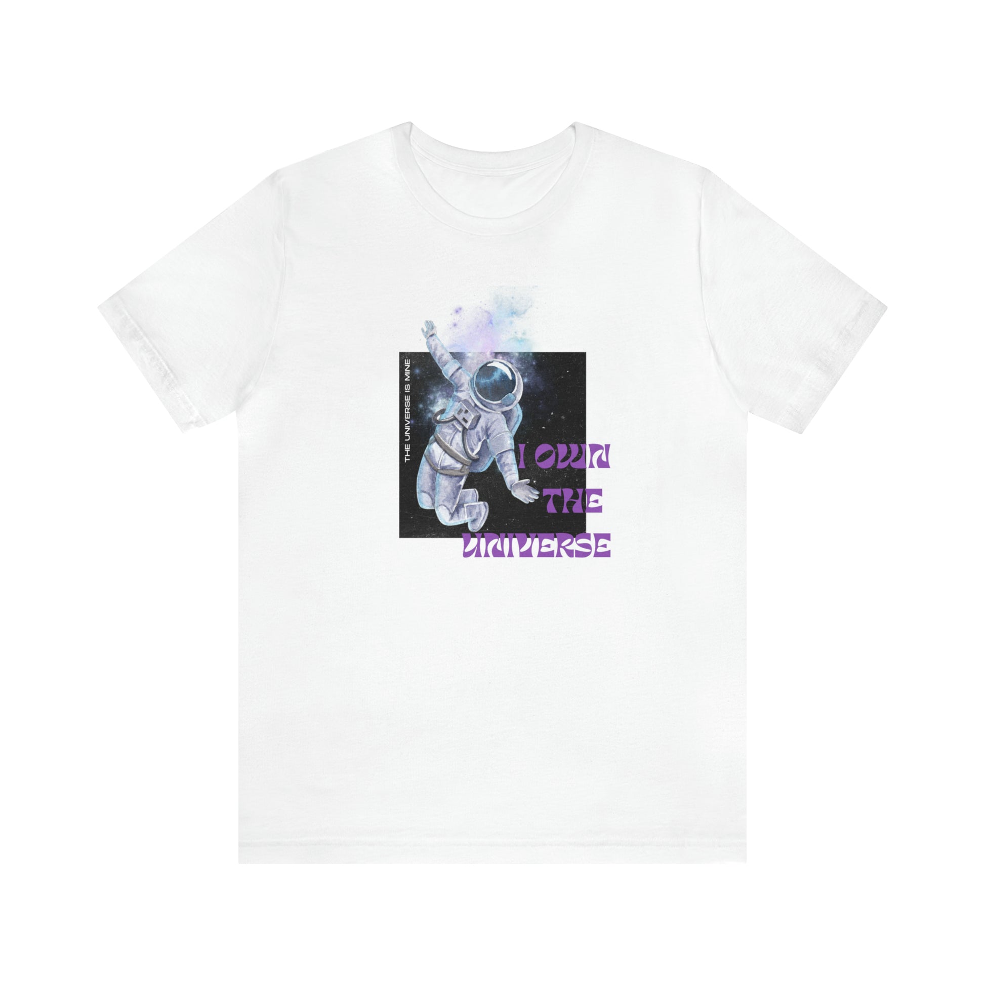 A front view of a white graphic t shirt. The design consists of an astronaut and a print "I own the Universe"