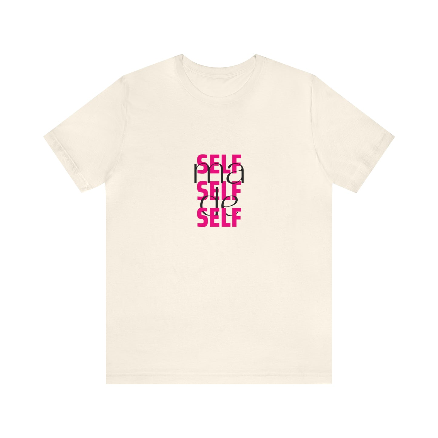 A front view of a natural colored t shirt / statement shirt with a print "Self Made" on it.