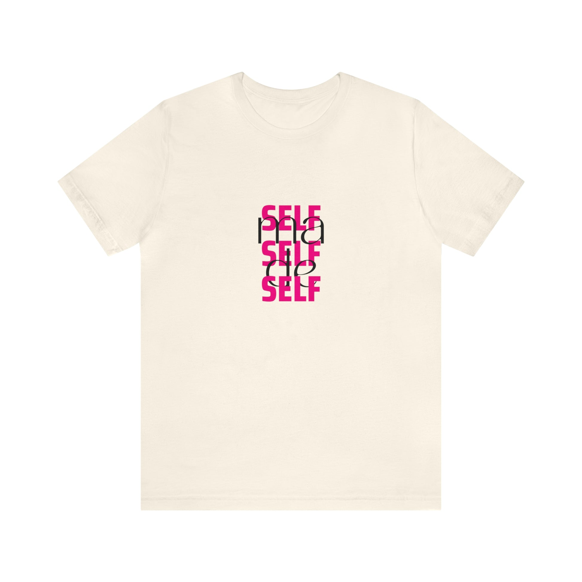 A front view of a natural colored t shirt / statement shirt with a print "Self Made" on it.