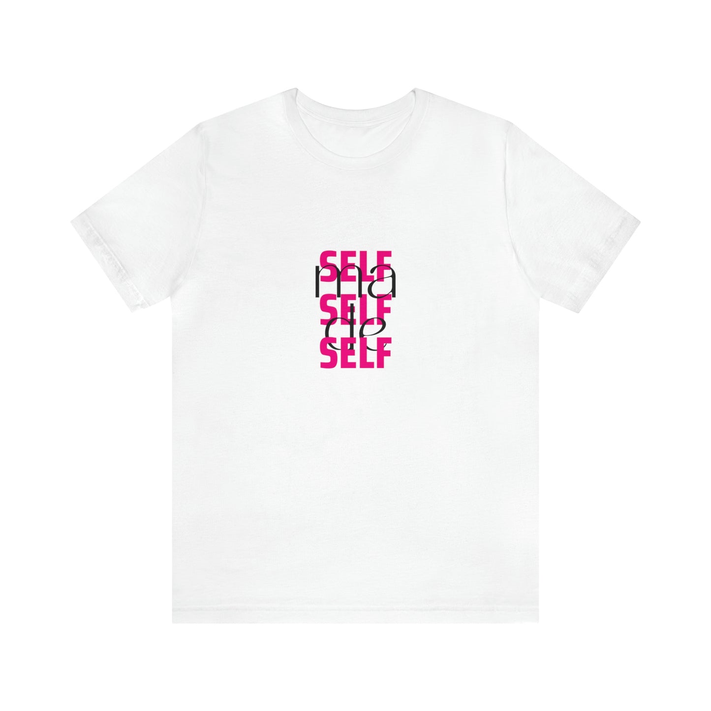 A front view of a white shirt / statement shirt with a print "Self Made" on it.