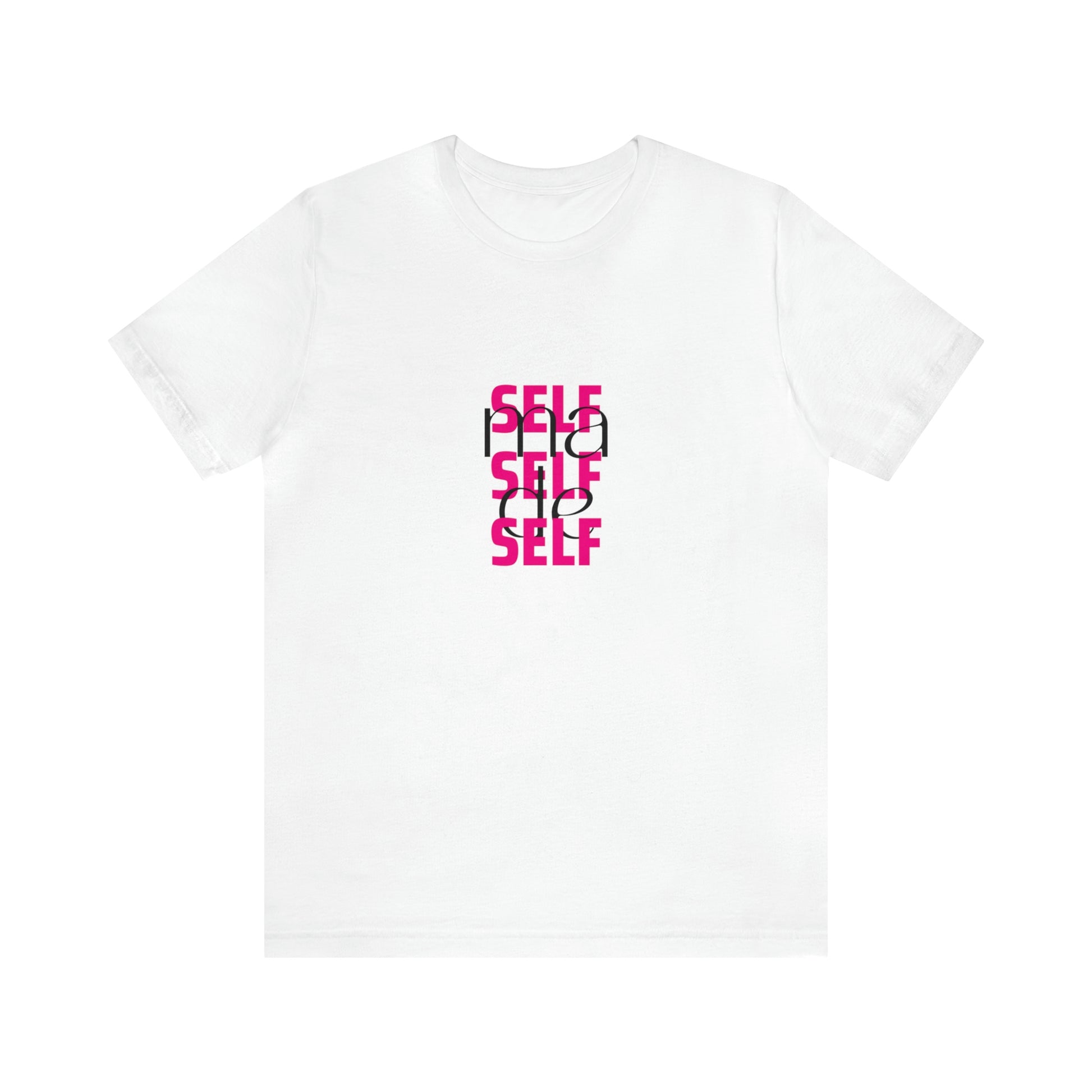 A front view of a white shirt / statement shirt with a print "Self Made" on it.