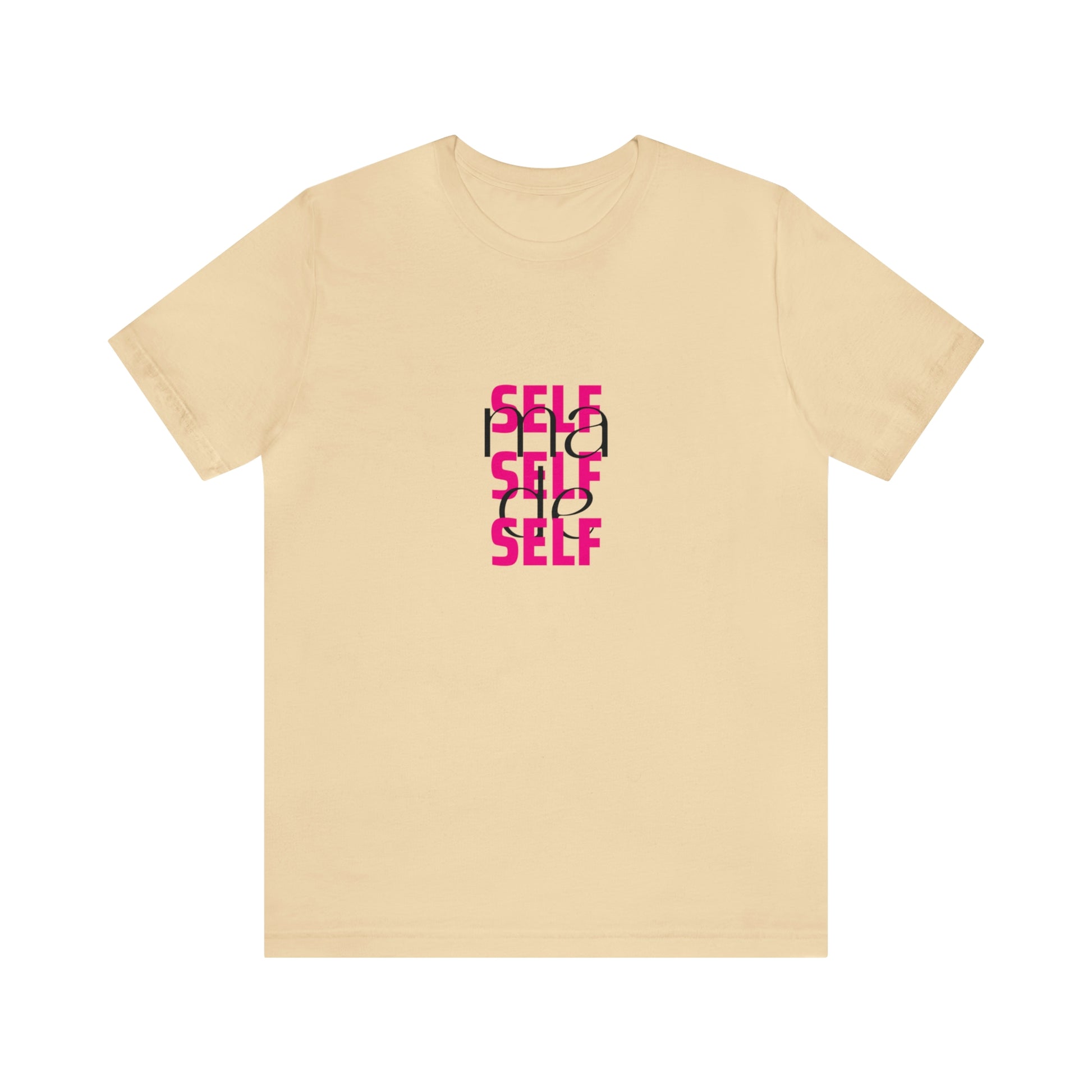 A front view of a beige t shirt / statement shirt with a print "Self Made" on it.