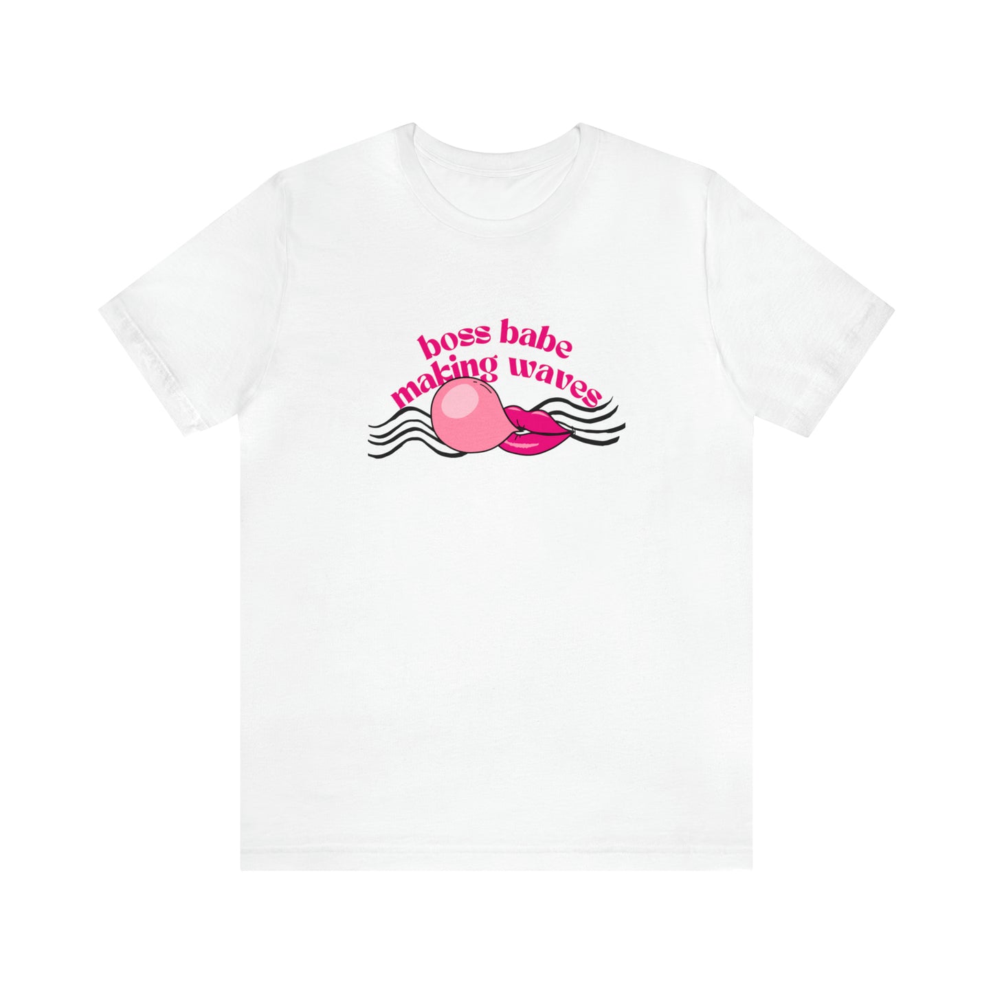 Front view of a white t shirt with a graphic design on it and a statement "boss babe making waves"