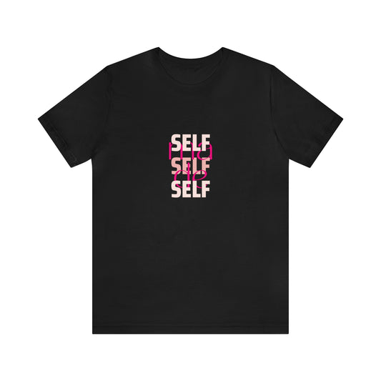 A black statement shirt saying "Self Made". It's a front view of a black T shirt.